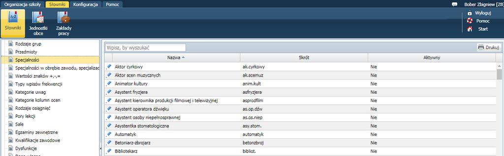 Domyślnie aktywność wszystkich pozycji jest wyłączona. Administrator może ustawić aktywność dla tych specjalności, które występują w jego jednostce sprawozdawczej.