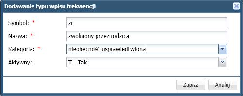 Słownik Typy wpisów frekwencji będzie najczęściej wykorzystywany przez użytkowników o uprawnieniach nauczycieli. Ćwiczenie 1.