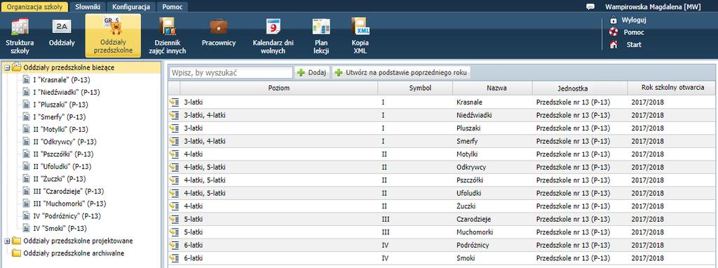 44 Materiały dla uczestnika instruktażu Dane wybranego oddziału można wyświetlić wybierając go w drzewie danych lub klikając ikonę liście oddziałów dostępnej z gałęzi Oddziały bieżące, Oddziały