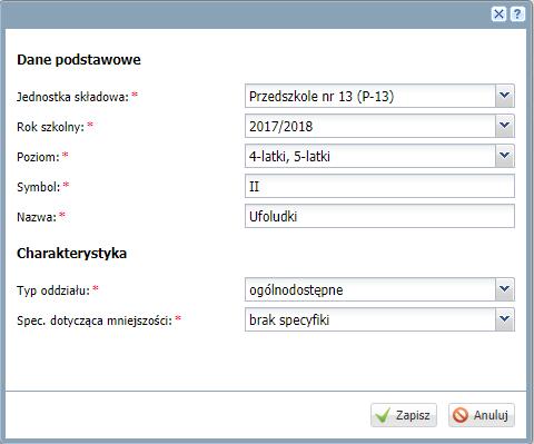 Wprowadzanie planów lekcji oddziałów 45 Użytkownik ma możliwość utworzenia nowych oddziałów na podstawie już istniejących w systemie.