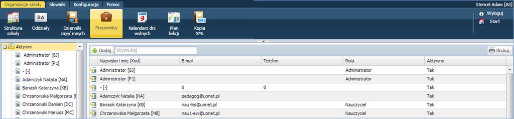 W widoku tym w drzewie danych wyświetla się lista dodanych pracowników z podziałem na aktywnych i nieaktywnych.