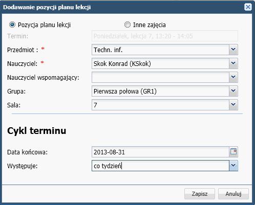 Wprowadzanie planów lekcji oddziałów 53 Ćwiczenie 2. Opisywanie pozycji planu lekcji Aby w formularzu Dodawanie pozycji planu lekcji opisać pozycję planu lekcji, należy: 1.