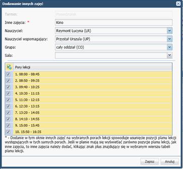 56 Materiały dla uczestnika instruktażu Jeśli do zajęć innych zostanie przypisany nauczyciel, to nauczyciel ten będzie mógł zarejestrować zajęcia w module Dziennik w widoku Lekcja i odnotować