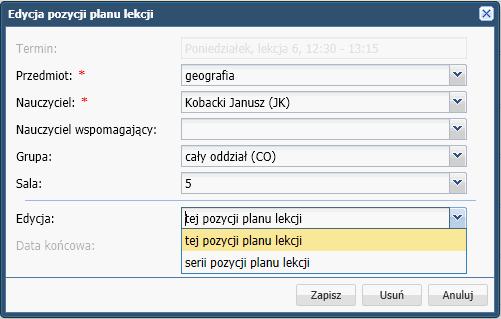 Wprowadzanie planów lekcji oddziałów 57 4. Zapisz zmiany dokonane w formularzu. 5. Zaakceptuj zmiany w planie lekcji, klikając przycisk Zapisz w oknie Edycja pozycji planu lekcji. 6.