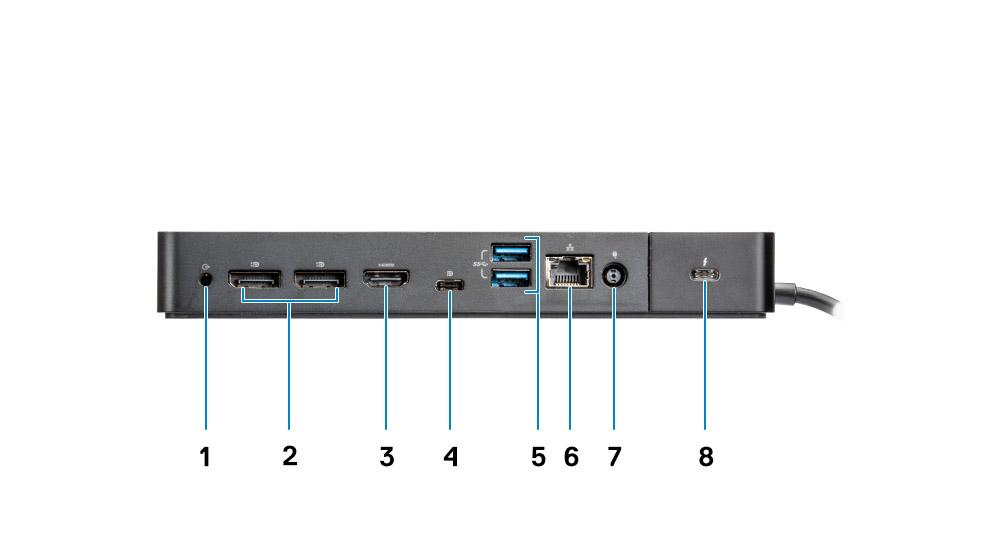2 Gniazdo blokady Kensington Rysunek 4. Widok z tyłu 1 Wyjście liniowe 2 2 złącza DisplayPort 1.4 3 Złącze HDMI 2.0 4 Złącze USB 3.
