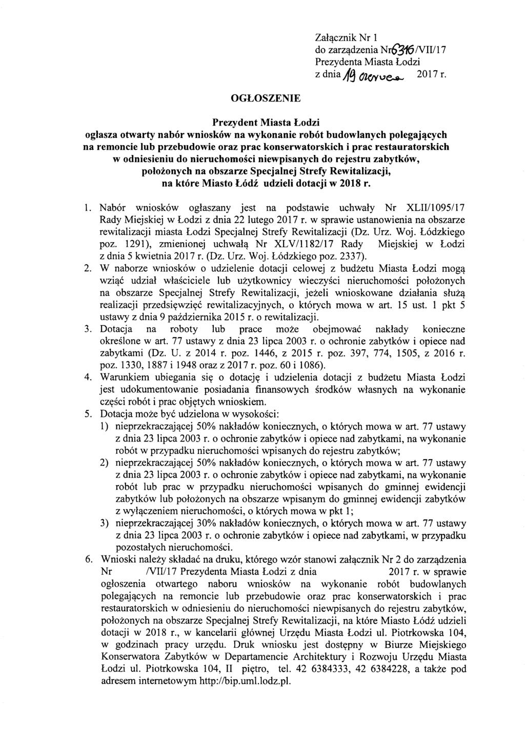 Zal'!cznik Nr 1 do zarz,!dzenia N r6'316 Nl 7 Prezydenta Miasta Lodzi z dnia A~ (Jl(fVu~ 2017 r.