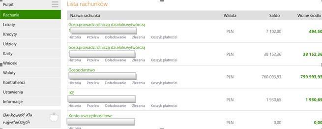 RACHUNKI wyświetla listę rachunków dostępnych do obsługi przez Internet. Po wybraniu rachunku z listy, menu boczne programu udostępni opcje, umożliwiające pełną obsługę wybranego rachunku.