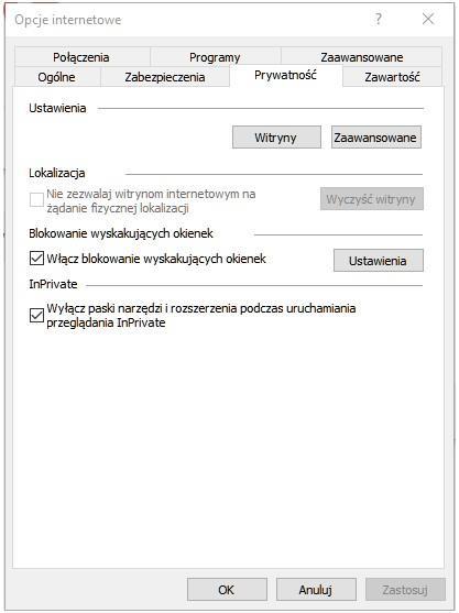 W zakładce [Prywatność] należy użyć przycisku