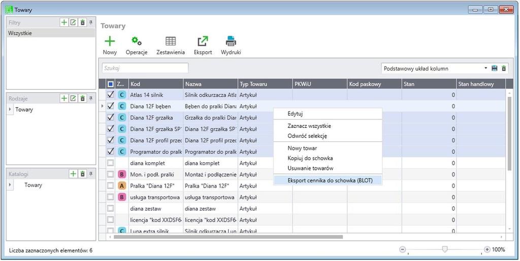 Uruchomienie dodatku Dodatek uruchamiany z kartoteki Towary. Zaznaczamy towary do eksportu.