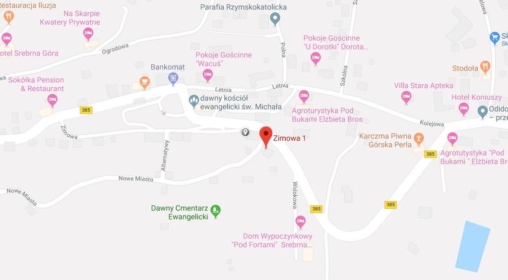 Lokalizacja i dostępność komunikacyjna: Nieruchomość położona jest w Srebrnej Górze przy ul. Zimowej 1, w województwie dolnośląskim, powiecie ząbkowickim.