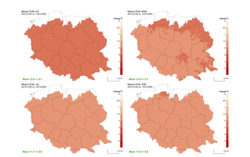 Sezonowe projekcje temperatury dla dalekiej przyszłości (2074-2100 vs.