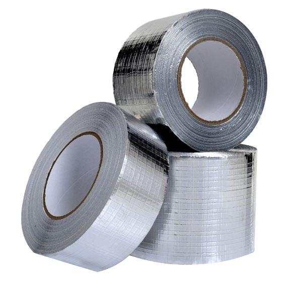 TAŚMA ALUMINIOWA ZBROJONA Materiał: folia aluminiowa wzmocniona siatką z włókna szklanego Zastosowanie: łączenie materiałów i segmentów izolacyjnych oraz izolacji pokrytych powłoką aluminiową.