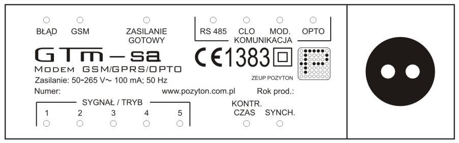 1.7. Sygnalizacja trybów pracy modułu komunikacyjnego GTm-sa Diody LED usytuowane na płycie czołowej urządzenia (patrz Rys. 9 i Rys. 10) informują o aktualnym stanie pracy modułu. Rys. 9. Widok płyty czołowej modułu komunikacyjnego GTm-sa wer.