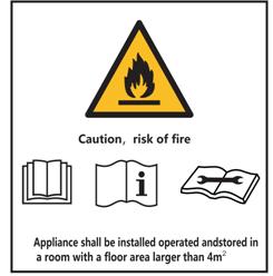 PRZESTROGA: ZAGROŻENIE POŻAREM Urządzenie powinno być zlokalizowane, eksploatowane i przechowywane w pomieszczeniu o powierzchni większej niż 4 m².