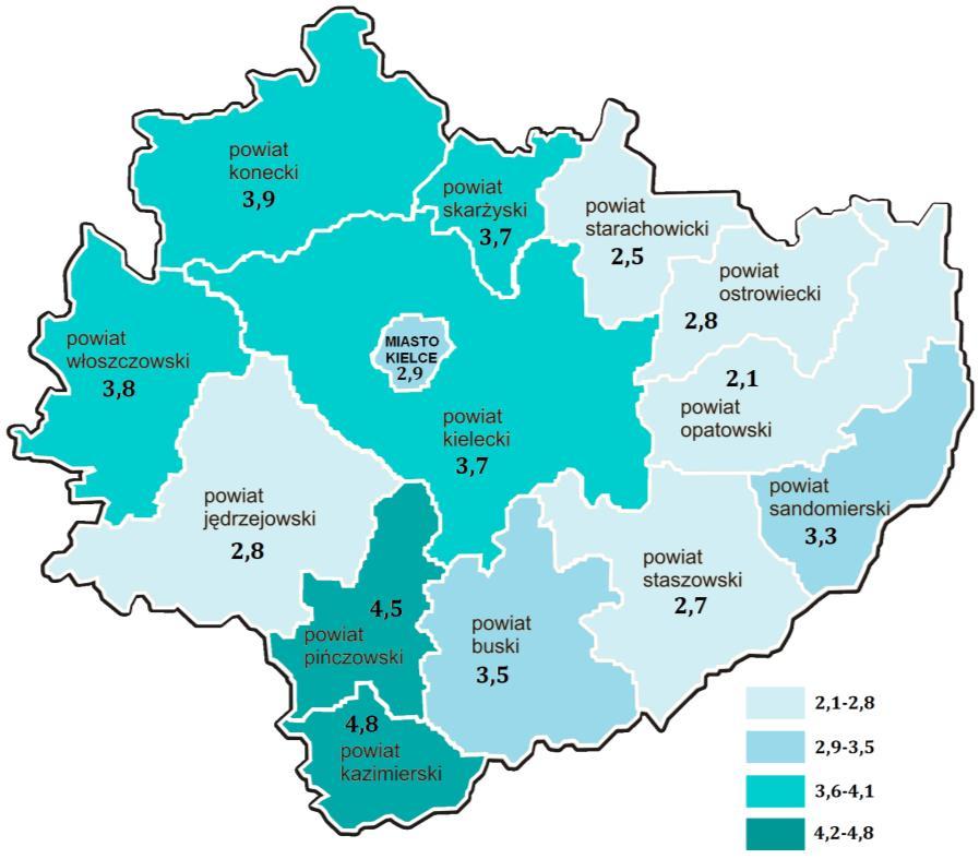 Mapa 3. Natężenie zjawiska przemocy w rodzinie w powiatach regionu świętokrzyskiego w 2018r. Opracowanie własne ROPS/ źródło na podstawie sprawozdania resortowego Przemoc.