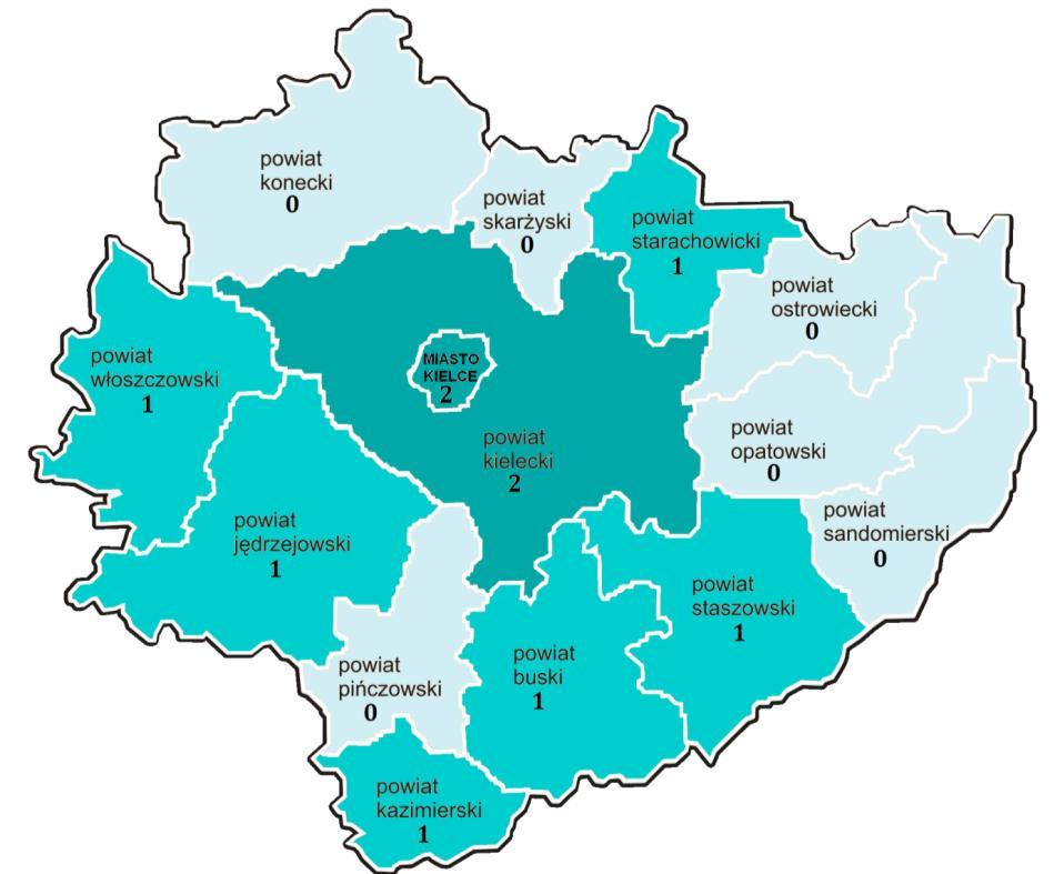 Mapa 5. Liczba edycji programów oddziaływań korekcyjno-edukacyjnych realizowanych w powiatach województwa świętokrzyskiego w 2018r.