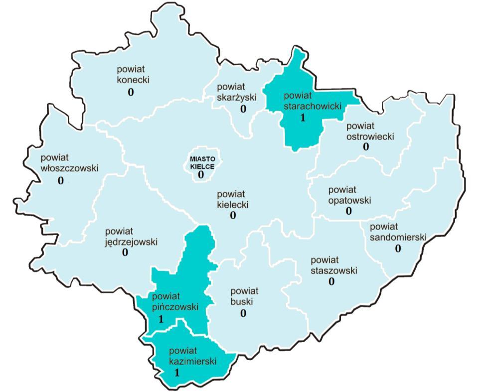 Mapa 6. Liczba edycji programów psychologiczno-terapeutycznych realizowanych w powiatach województwa świętokrzyskiego w 2018r.