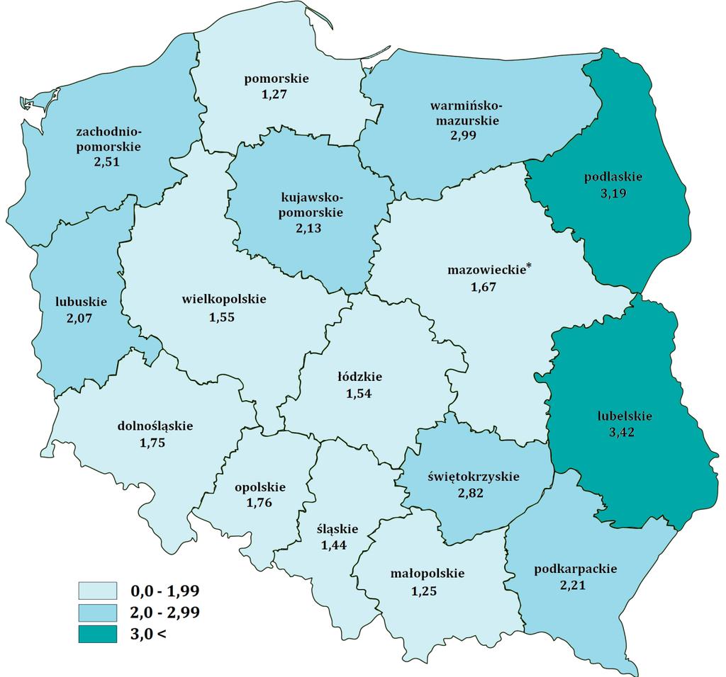 Mapa 1. Średnia liczba wypełnionych przez Policję formularzy Niebieska Karta A w poszczególnych regionach w 2018 roku, w przeliczeniu na 1000 mieszkańców.