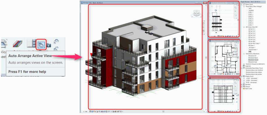 Aby układ okien po ponownym otwarciu programu Revit był taki sam jak przed zamknięciem, należy wybrać nową opcję Automatyczne rozmieszczenie