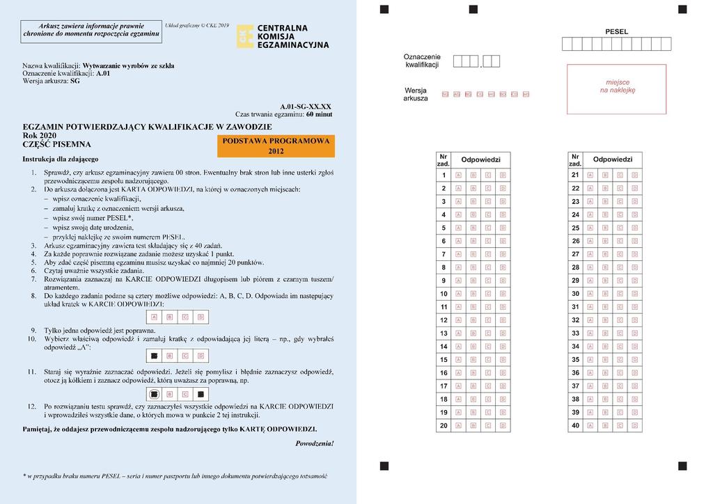 4. Pierwsza strona arkusza do części pisemnej egzaminu i karta odpowiedzi dla zdających