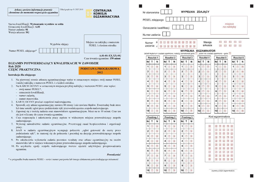 5. Pierwsza strona arkusza do części praktycznej egzaminu i karta oceny z