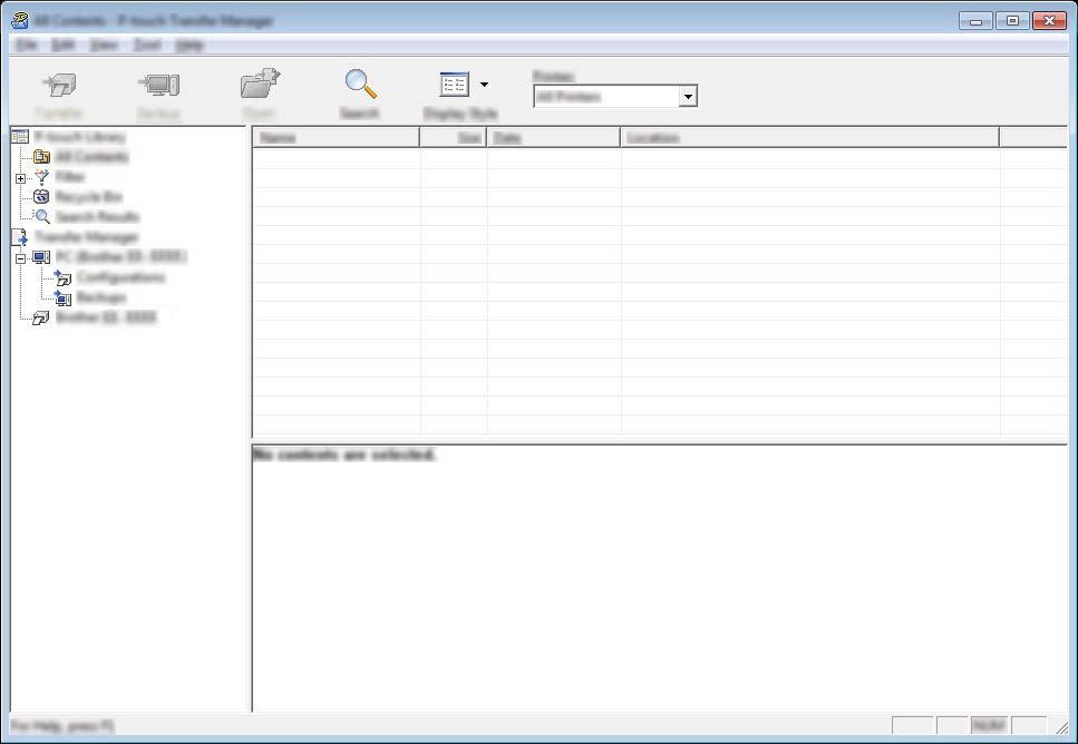 Jak korzystać z programów P-touch Transfer Manager i P-touch Library (tylko komputery z systemem Windows ) Okno główne 7 1 2 3 5 4 6 7 1 Pasek menu Zapewnia dostęp do różnych poleceń, pogrupowanych w