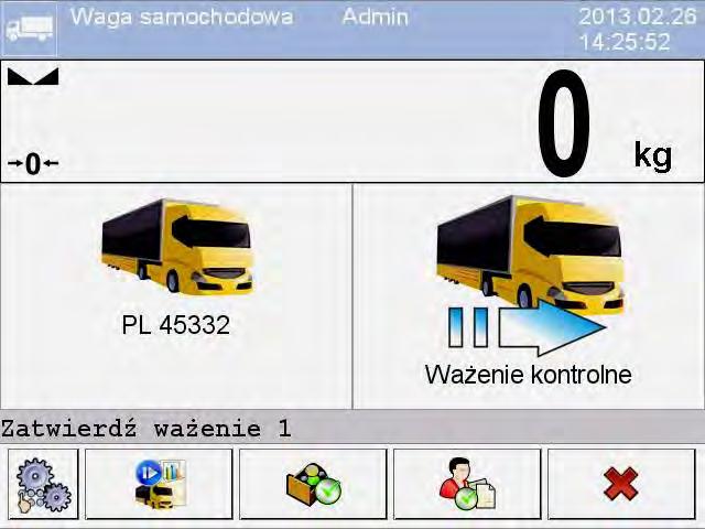 34.3.2. Transakcja ważenia kontrolnego Zmiany rodzaju transakcji dokonuje się przyciskiem, przy czym: Wjazd. Wyjazd. Ważenie kontrolne.