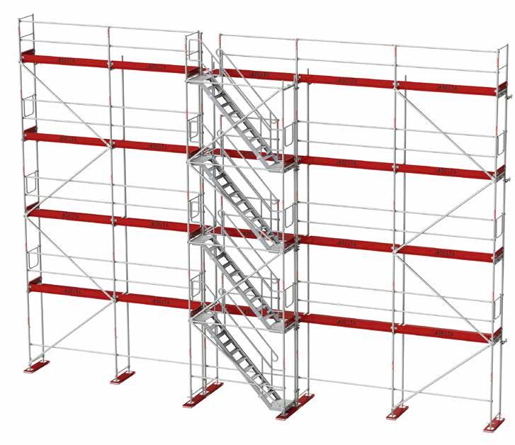 9 KLATKI SCHODOWE SYSTEMU DELTA 70 9.1 POMOST ROZSZERZAJĄCY SZEROKI System DELTA 70 w swojej ofercie posiada również klatki schodowe, umożliwiają bezpieczną komunikację po rusztowaniu.