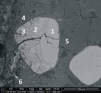 W porach materia u ogniotrwa ego od o y si siarczan potasowo-wapniowy K 6 Ca(SO 4 ) 4 powsta y w wyniku reakcji sk adników sta ych (CaO) i gazowych (K + /K 2 O, SO 2 ) (Rys.