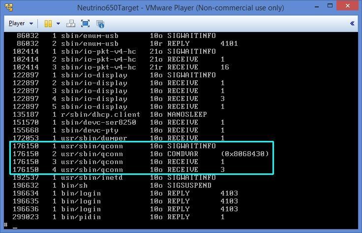 Poleceniem pidin sprawdź czy uruchomiony jest proces qconn - QNX connection. Okno konsoli po wykonaniu polecenia pidin.