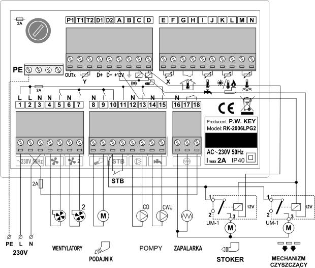 Wyjścia zasilające urządzenia zewnętrzne znajdują się pod przednim panelem kotła należy je podłączyć zgodnie z oznaczeniami. Schemat elektryczny znajduje się w instrukcji sterownika.