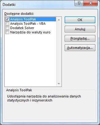 zakładkę Plik i Opcjach programu MX Excel, Dodatki, w polu zaznaczani