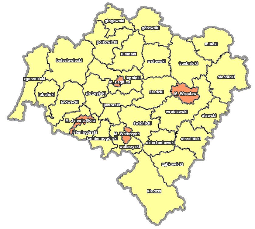 WOJEWÓDZTWO DOLNOŚLĄSKIE powierzchnia: 1 994 673 ha 30 powiatów (w tym 4 miasta na prawach powiatu) 91 miast 566