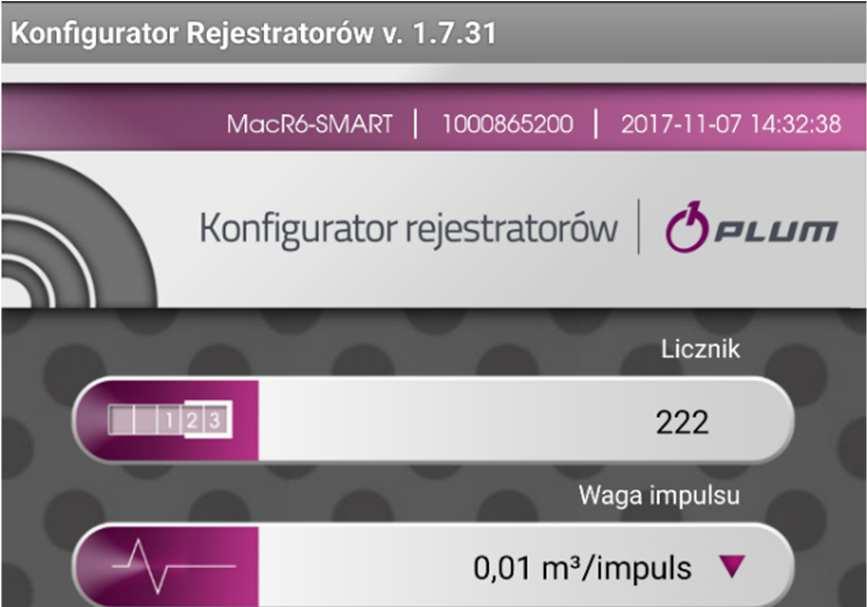 PARAMETRY KONFIGURACYJNE Główne okno programu po uruchomieniu pokazuje najistotniejsze parametry konfiguracyjne niezbędne do poprawnej pracy urządzenia w konkretnym punkcie pomiarowym.