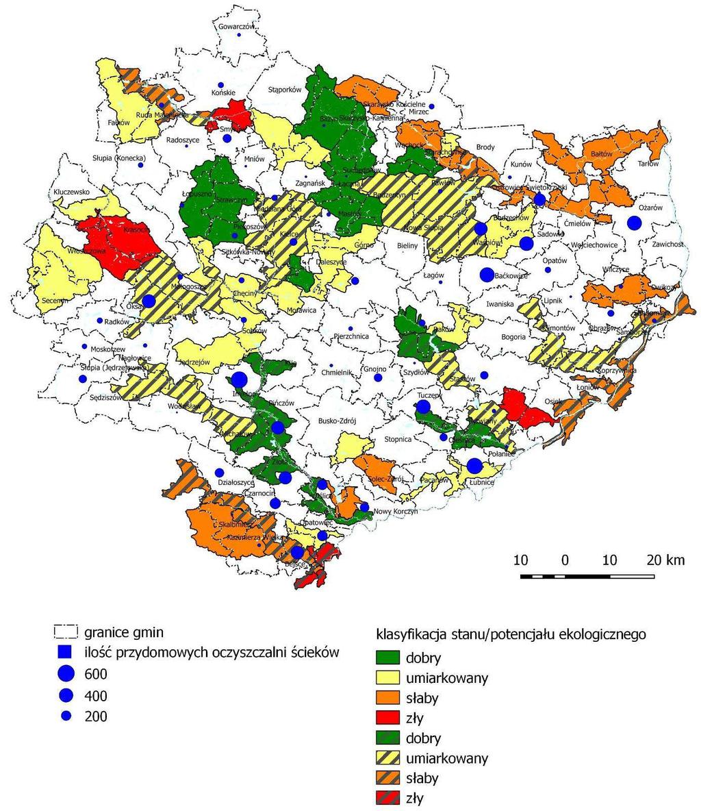 Projekt Aktualizacji Programu budowy przydomowych oczyszczalni cieków dla województwa więtokrzyskiego Mapa nr 2. Klasyfikacja badanych JCWP w 2017 r. uzupełnione o badane JCWP w 2016 r.