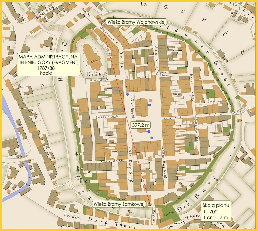 Rys. 6. Mapa Jeleniej Góry z 1787/88 r. pomiar odległości pomiędzy wieżami, tj. Wojanowską i Zamkową.