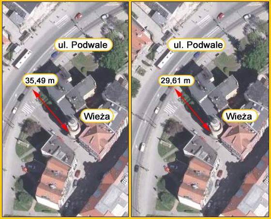 Rys. 8 Fragment zdjęcia satelitarnego Jeleniej Góry pobranego ze strony geoportalu. Na zdjęciu naniesiono długości bram, obliczone i szacowane.