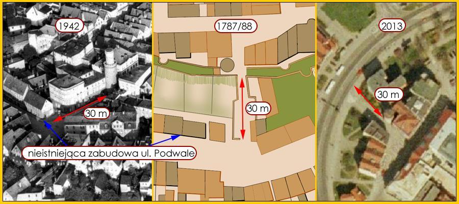 Rys. 9 Porównanie i szacowanie długości bramy. Współczesna wieża spełnia rolę wieży widokowej, na której w jej części górnej zbudowano taras widokowy.