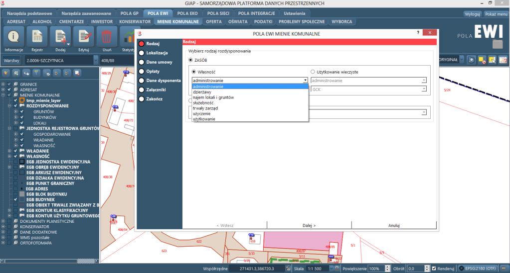 Sprawne i intuicyjne prowadzanie procedur rozdysponowania nieruchomości stanowiących mienie komunalne gminy z podziałem na grunty, lokale i budynki.