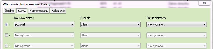 właściwościach otwieramy zakładkę Alarmy i w pasku definicji alarmu wybieramy tę definicję, do której został przypisany alarm z poziomu na którym