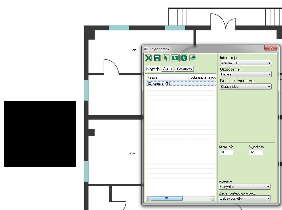 12. Otwieranie obrazu z kamery na jednym monitorze podczas alarmu 1. Wchodzimy w edytor grafiki zwierającej te czujki, z których chcemy aby obraz video był dostarczany wraz z alarmem; 2.