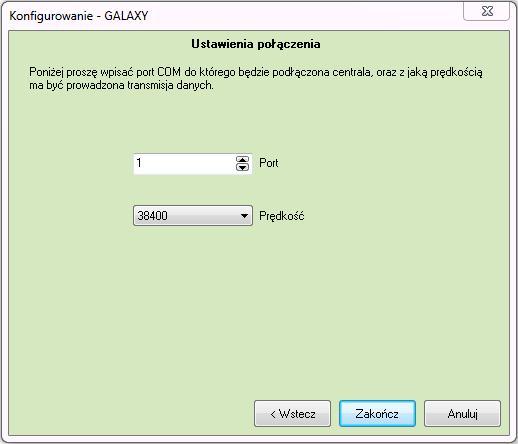 4)W kolejnym oknie należy wprowadzić ustawienia połączenia: numer port COM do którego będzie podłączona centrala