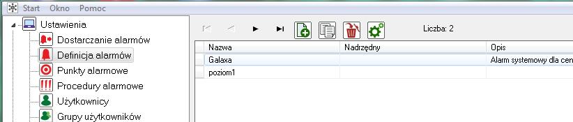 3. Definicje alarmów 1) Aby dodać definicje alarmów w zakładce Ustawienia wybieramy Definicja alarmów.