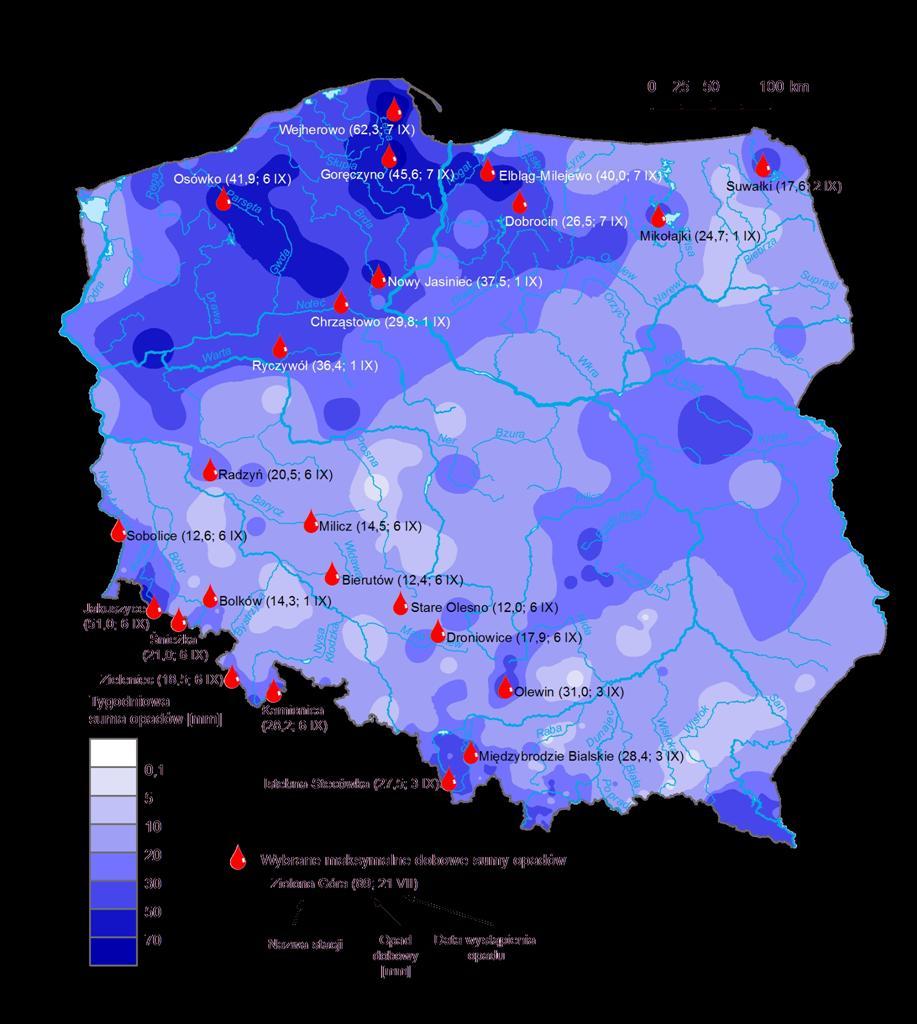 3. Rozkład tygodniowej sumy opadów oraz wybrane maksymalne