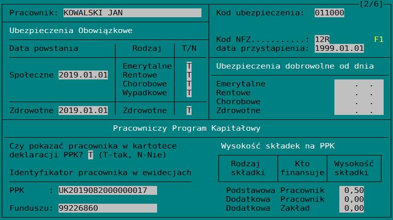 Następny krok, to wprowadzenie odpowiednich parametrów dla każdego z pracowników. W Kartotece pracownika, w danych osobowych wprowadzamy w dolnej części ekranu procenty składek.