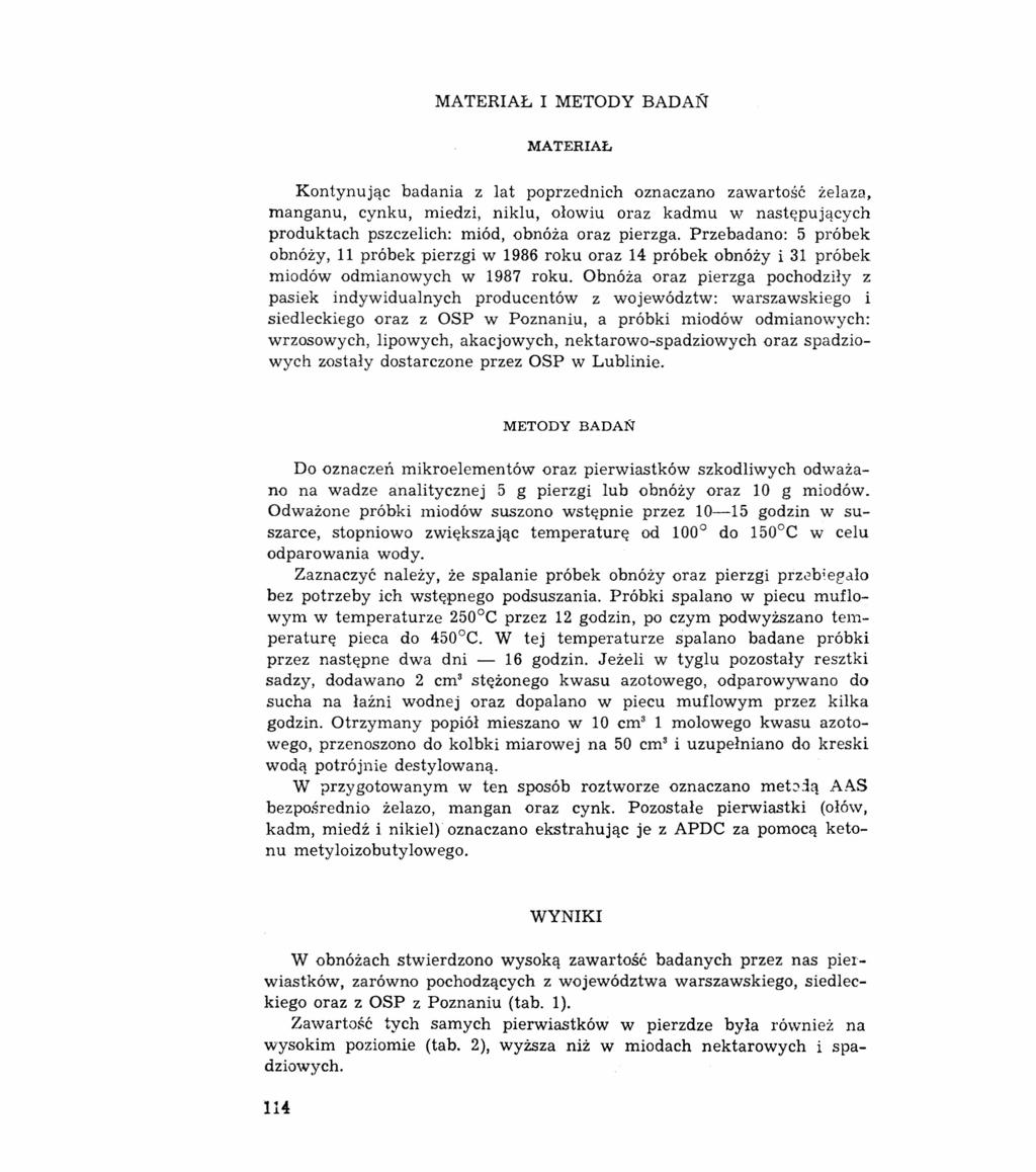 MATERIAŁ I METODY BADAŃ MATERIAŁ Kontynując badania z lat poprzednich oznaczano zawartość żelaza, manganu, cynku, miedzi, niklu, ołowiu oraz kadmu w następujących produktach pszczelich: miód, obnóża