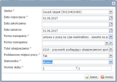 Rejestrowanie danych osobowych i umów pracowników 25 3. W prawym panelu ekranu kliknąć przycisk Dodaj. 4. W aktywnym formularzu uzupełnić brakujące dane.