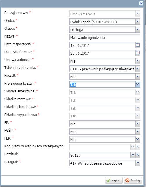 Rejestrowanie danych osobowych i umów pracowników 27 zaznaczyć, czy jest to umowa ryczałtowa; wskazać rozdział oraz paragraf.