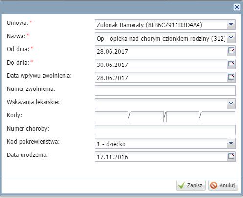 30 Materiały dla uczestnika instruktażu - datę urodzenia osoby, nad którą sprawowana jest opieka; zaakceptować wprowadzone dane, klikając Zapisz. Ćwiczenie 3. Jak dodać urlop wybranemu pracownikowi?