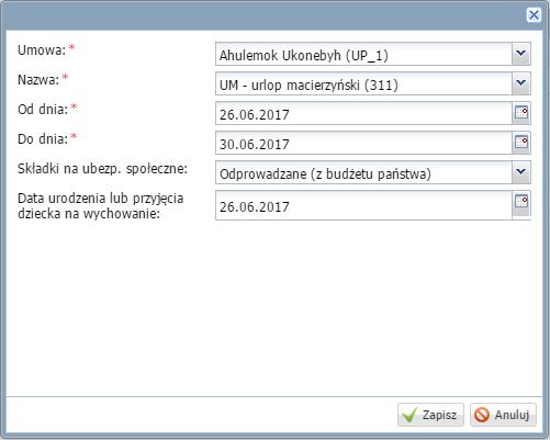 Ewidencja danych kadrowych pracowników 31 wskazać okres trwania absencji, wskazując daty w polach Od dnia oraz Do dnia; opcjonalnie wskazać datę urodzenia dziecka i zaakceptować przyciskiem Zapisz.